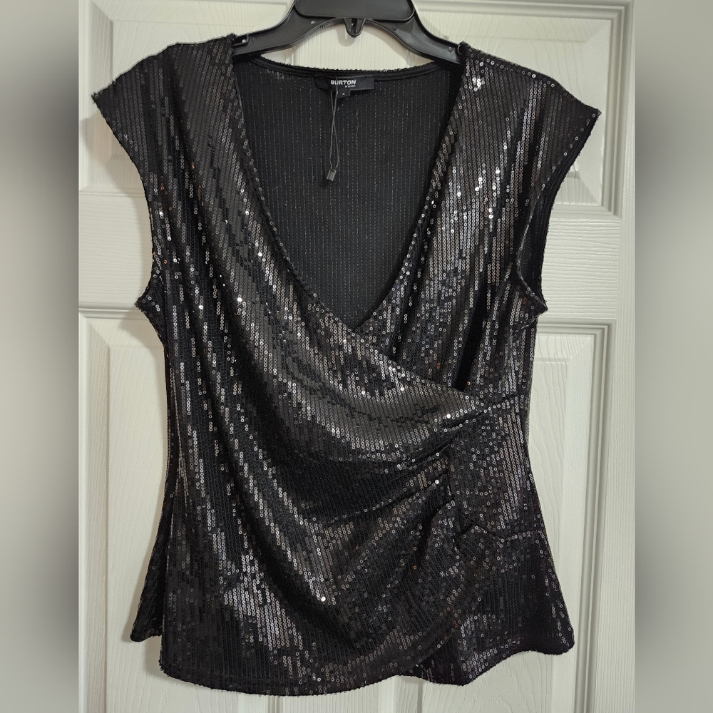 NWOT Burton London Black Sequin Cap Sleeve Blouset Tank Top Medium
